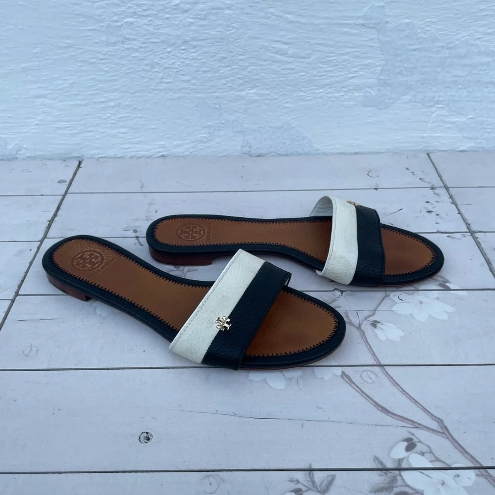 Tory Burch Black and White Leather Slide Mules